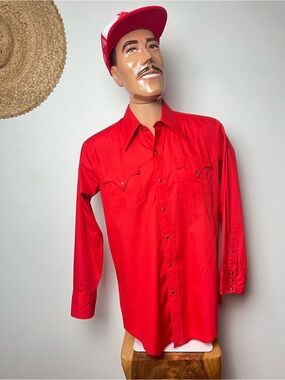 70’s TEMTEX 70s Vintage Men's Red Western Shirt - Long Sleeve Snap Button M 44